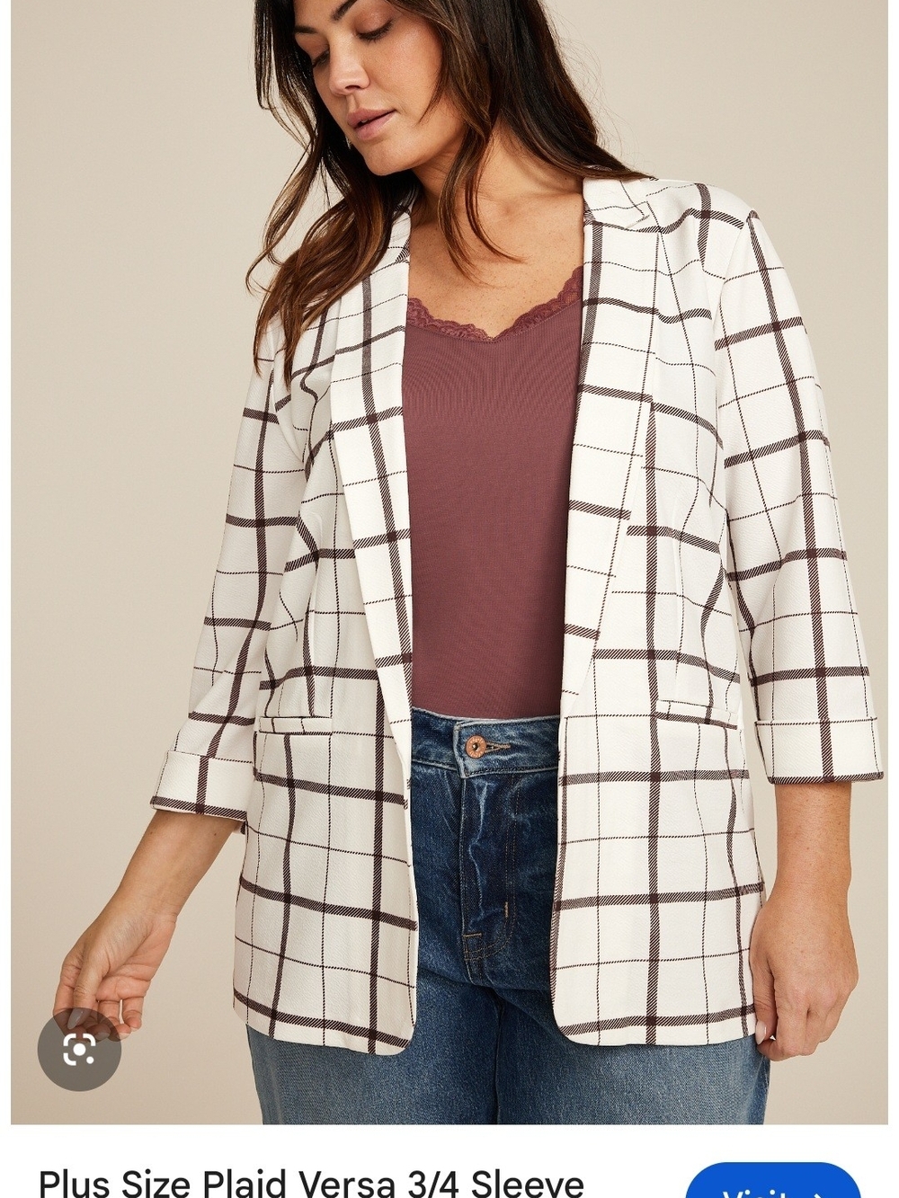 Maurices White Plaid 3/4 Sleeve Blazer